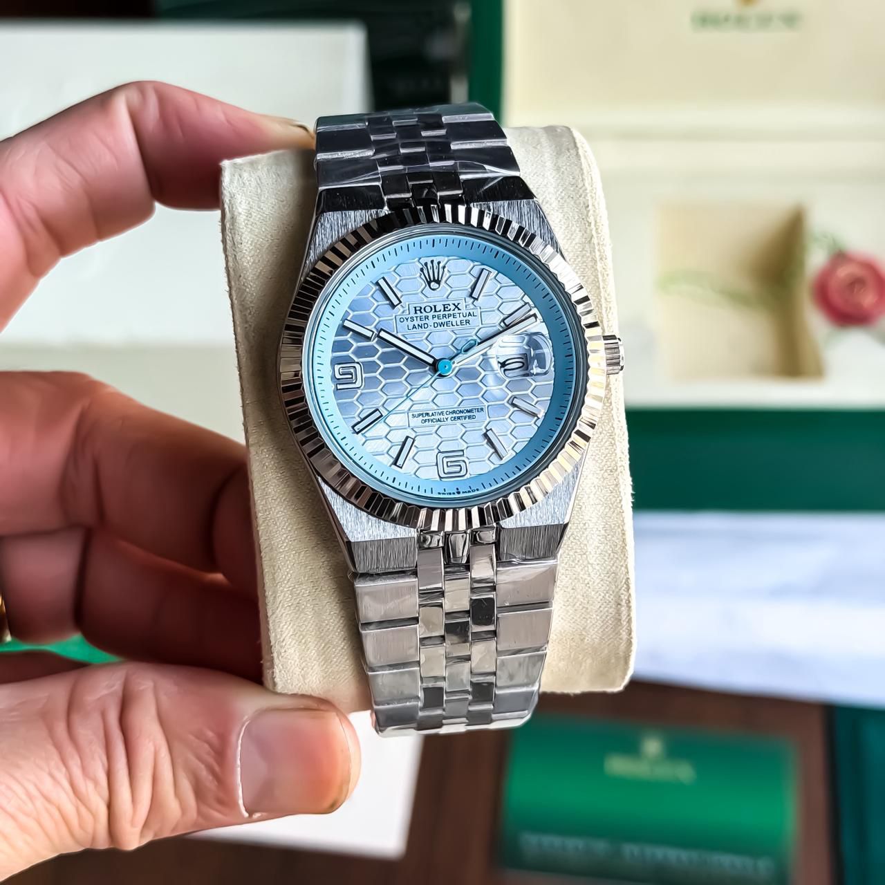 ROLEX LAND DWELLER MEN'S WATCH – SKY BLUE DIAL WITH STAINLESS STEEL BRACELET