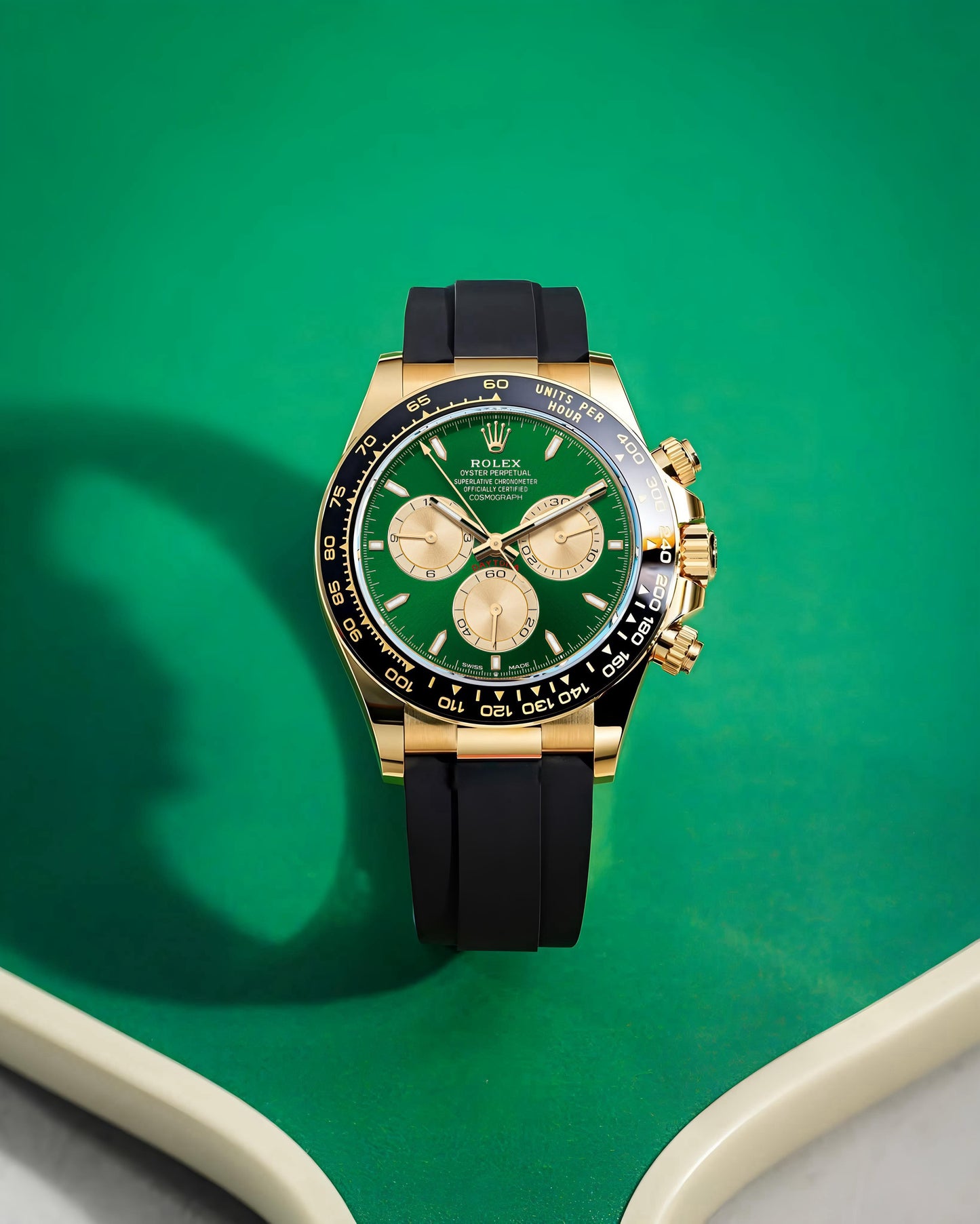 ROLEX COSMOGRAPH DAYTONA MEN'S WATCH – GREEN DIAL WITH GOLD CASE & BLACK SILICON STRAP