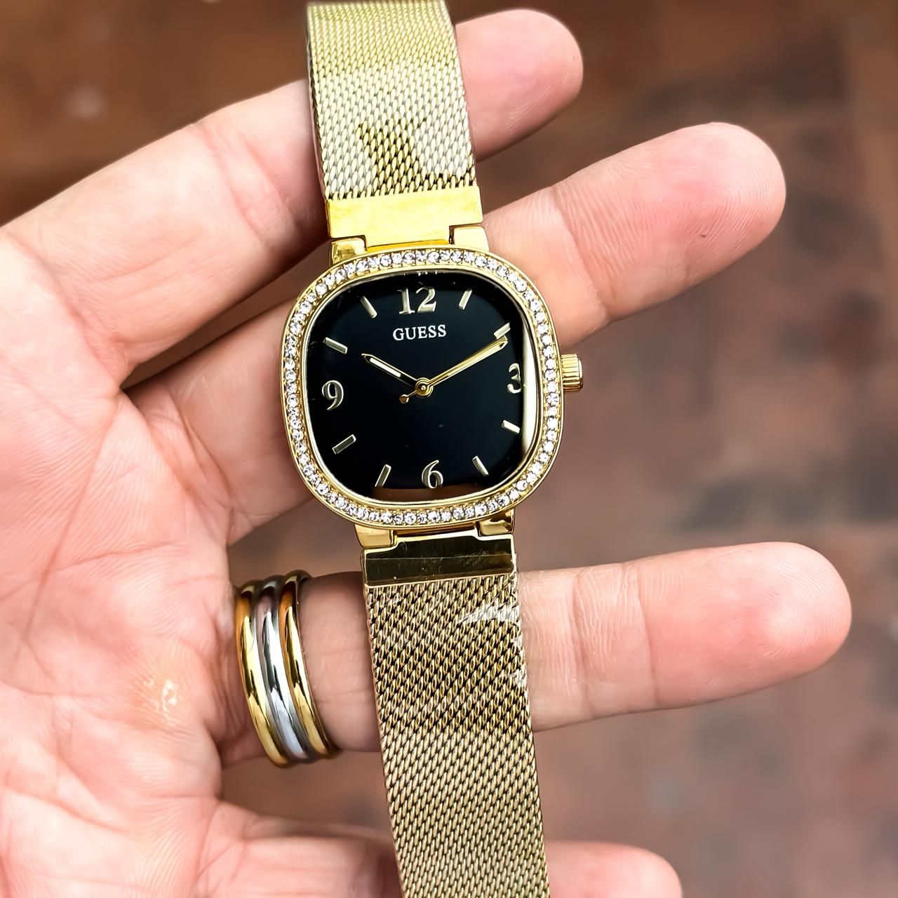 GUESS GW0354L5 WOMEN'S WATCH – BLACK SQUARE DIAL WITH GOLD MESH STAINLESS STEEL STRAP
