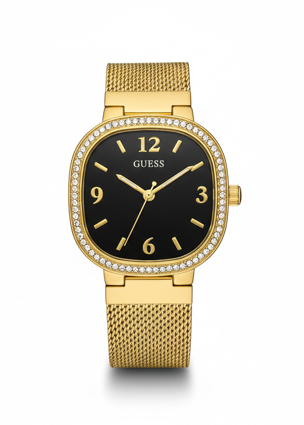 GUESS GW0354L5 WOMEN'S WATCH – BLACK SQUARE DIAL WITH GOLD MESH STAINLESS STEEL STRAP