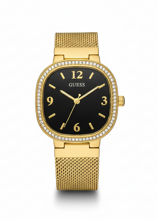 GUESS GW0354L5 WOMEN'S WATCH – BLACK SQUARE DIAL WITH GOLD MESH STAINLESS STEEL STRAP