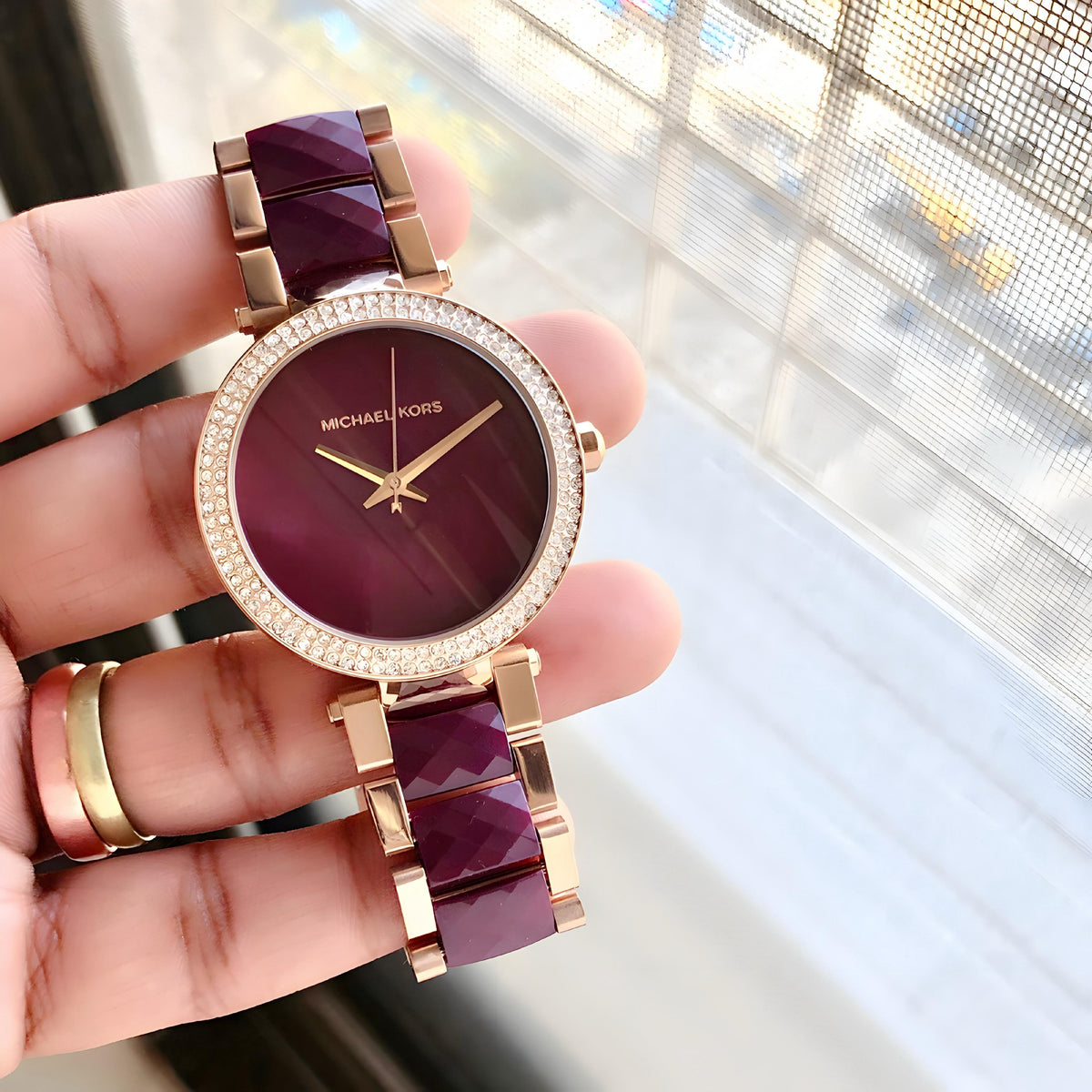 MICHAEL KORS PARKER WOMEN'S WATCH – PLUM DIAL, ROSE GOLD & PLUM ACETATE BRACELET