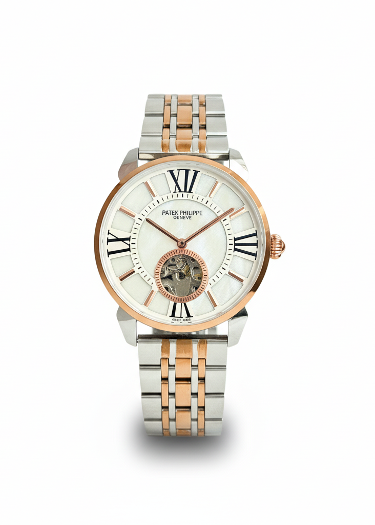 PATEK PHILIPPE MEN'S AUTOMATIC OPEN HEART WATCH – TWO TONE BRACELET WITH ROMAN DIAL