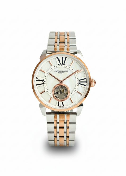 PATEK PHILIPPE MEN'S AUTOMATIC OPEN HEART WATCH – TWO TONE BRACELET WITH ROMAN DIAL