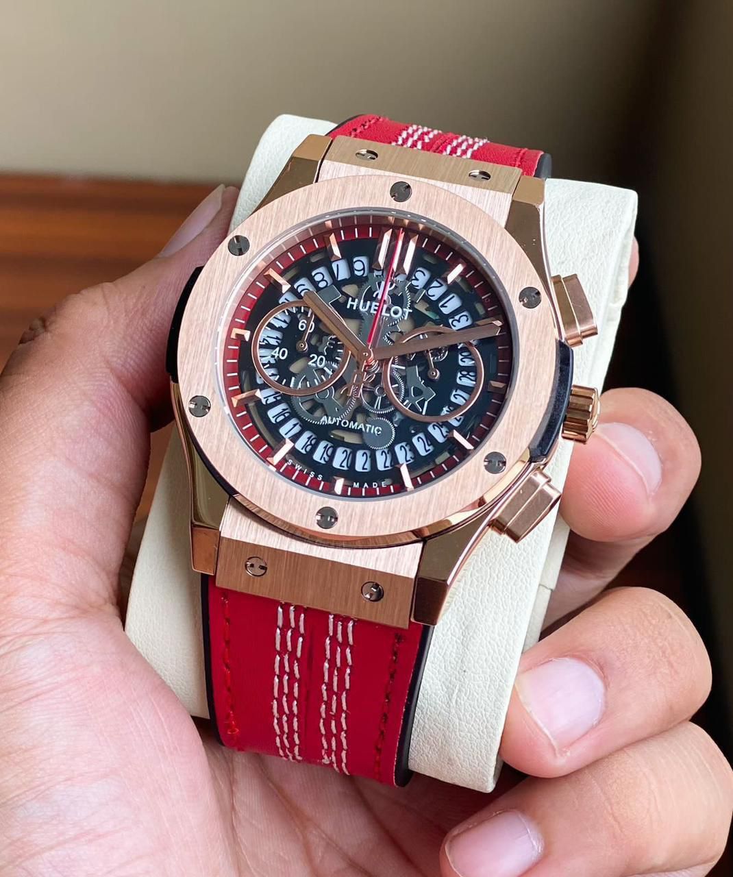 HUBLOT BIG BANG MEN'S CHRONOGRAPH WATCH – SKELETON DIAL, COPPER CASE & RED LEATHER STRAP