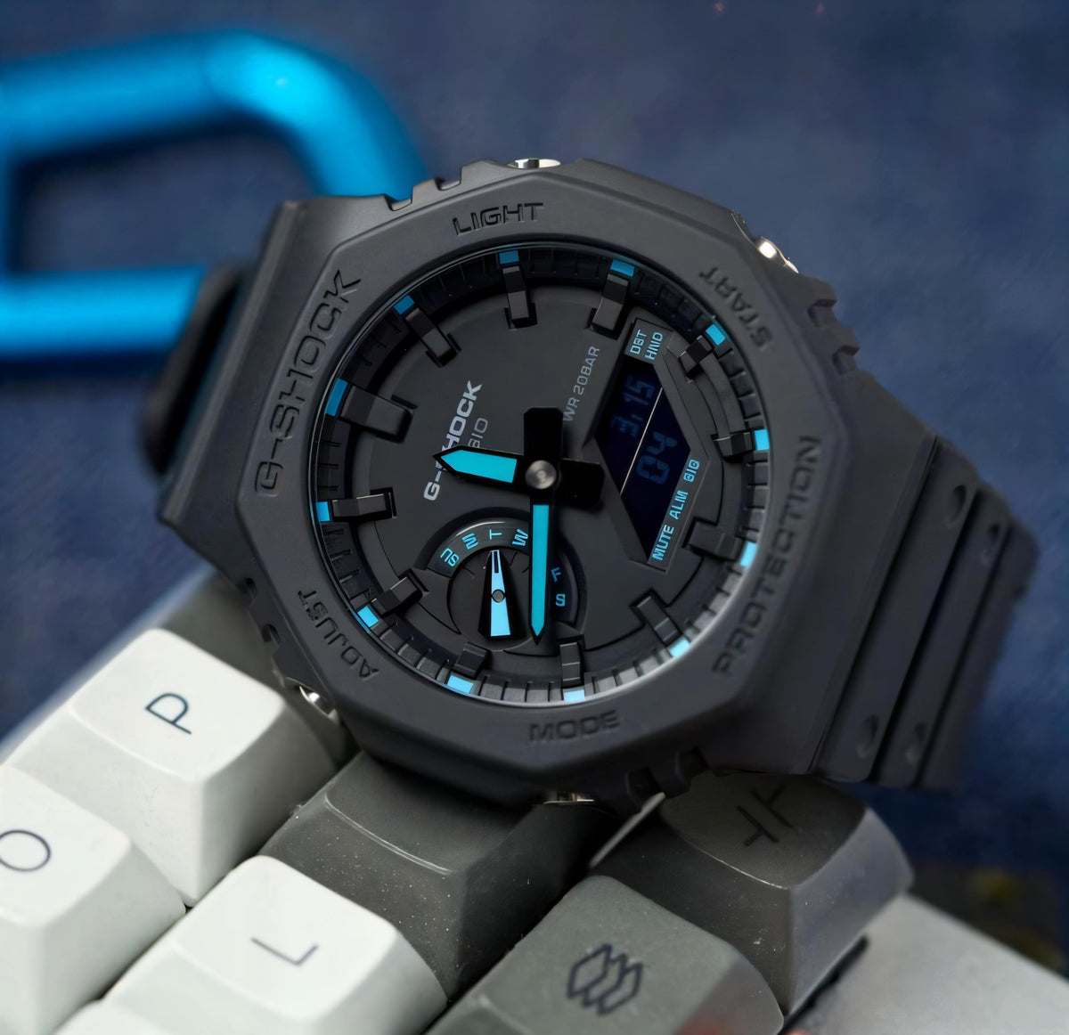 G-SHOCK CASIO OAK GA-2100-1A2ER UNISEX WATCH – BLACK NEON BLUE ANALOG-DIGITAL RESIN STRAP