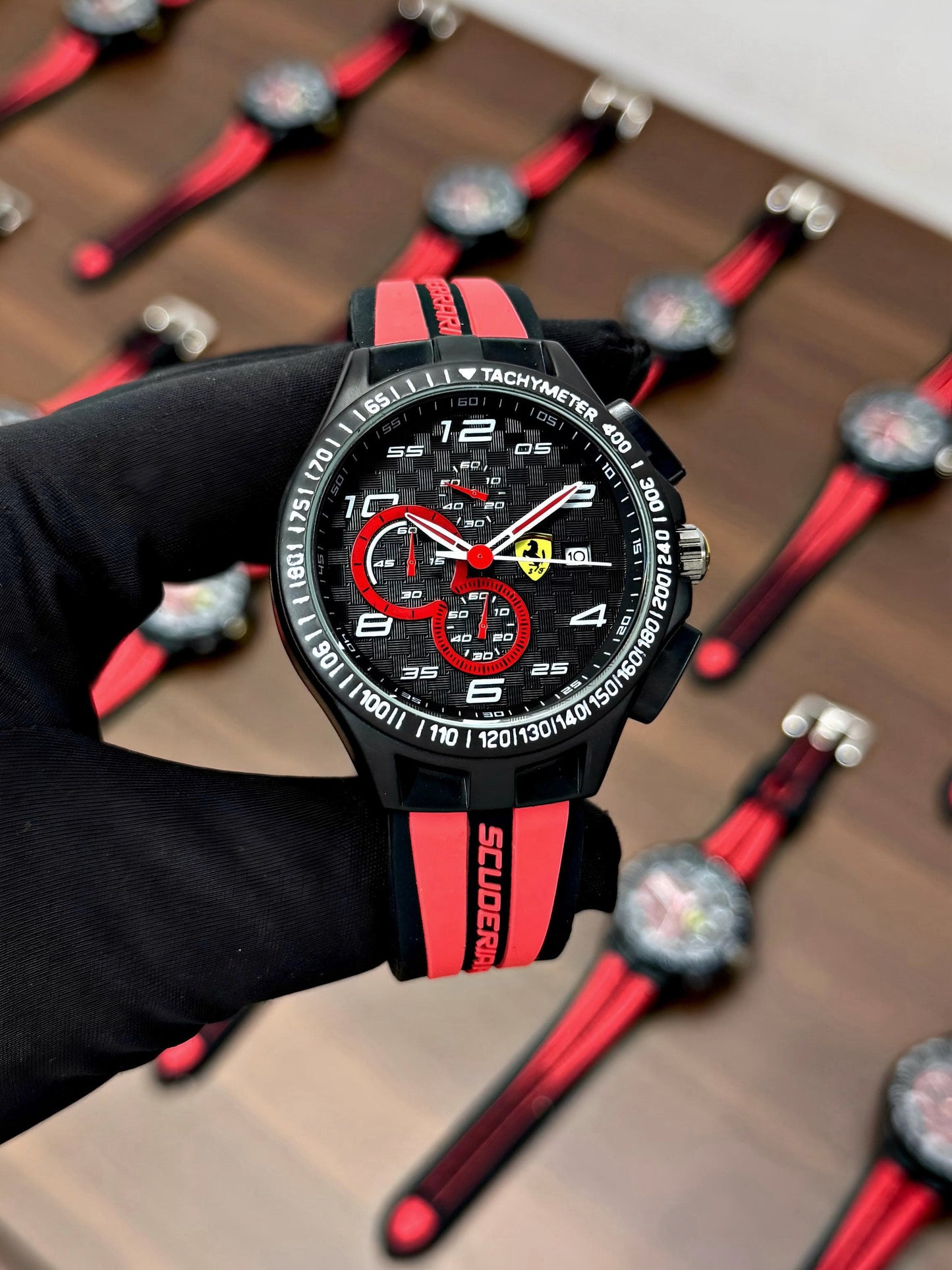 SCUDERIA FERRARI RACE MEN'S CHRONOGRAPH WATCH – BLACK DIAL, RED SPORT SILICONE STRAP
