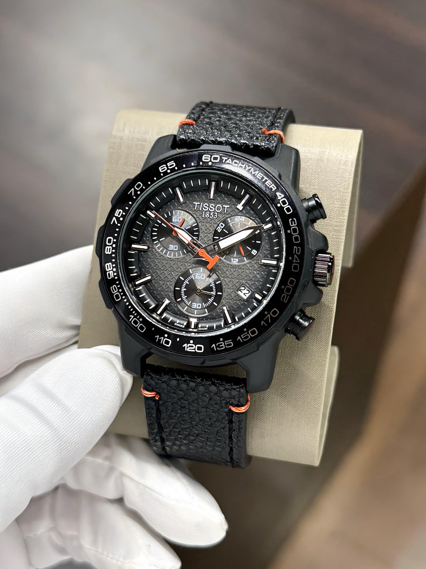 TISSOT SUPERSPORT CHRONO MEN'S WATCH – 45.5MM BLACK DIAL, TACHYMETER BEZEL & LEATHER STRAP