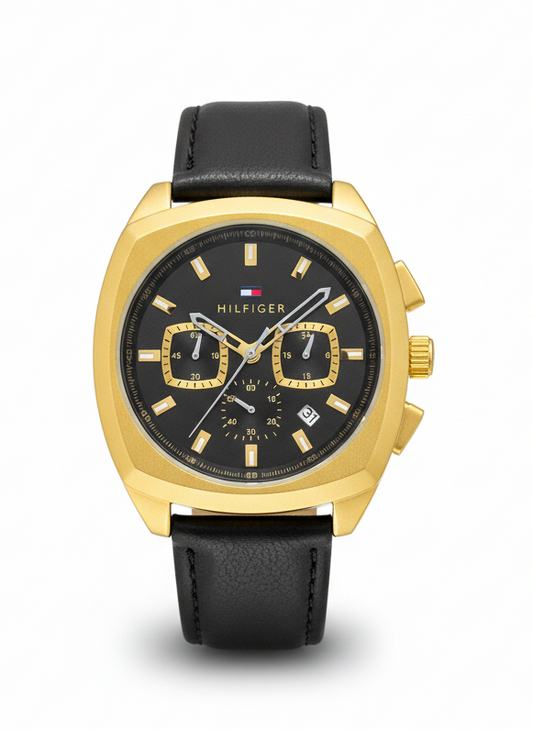 TOMMY HILFIGER MODERN DECKER MEN'S CHRONOGRAPH WATCH – BLACK MULTIFUNCTION DIAL WITH GOLD CASE & LEATHER STRAP