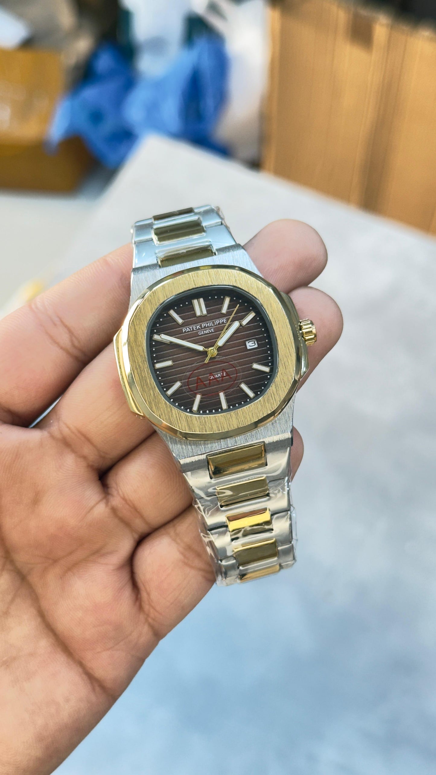 PATEK PHILIPPE NAUTILUS STYLE MEN'S WATCH – BLACK DIAL, TWO-TONE STAINLESS STEEL BRACELET