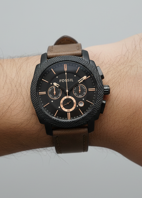 FOSSIL FS4656 MEN'S CHRONOGRAPH WATCH – BLACK MATTE DIAL WITH BROWN LEATHER STRAP