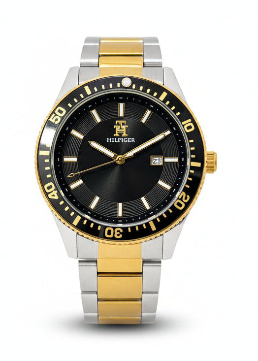 TOMMY HILFIGER MEN’S TWO-TONE STAINLESS STEEL DIVER WATCH (BLACK DIAL)