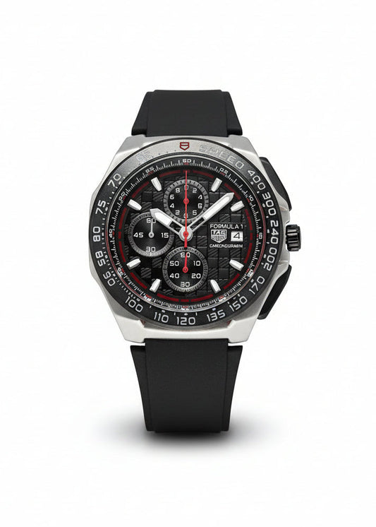 TAG HEUER FORMULA 1 CHRONOGRAPH MEN'S WATCH – 43MM BLACK DIAL, TACHYMETER BEZEL & SILICONE STRAP