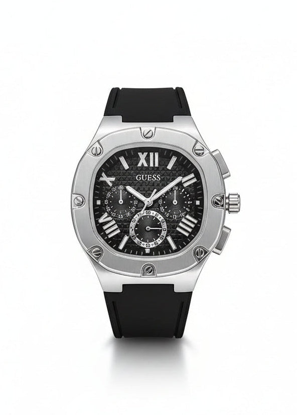 GUESS HEADLINE CHRONOGRAPH MEN'S WATCH – BLACK DIAL, SILVER CASE & BLACK SILICONE STRAP