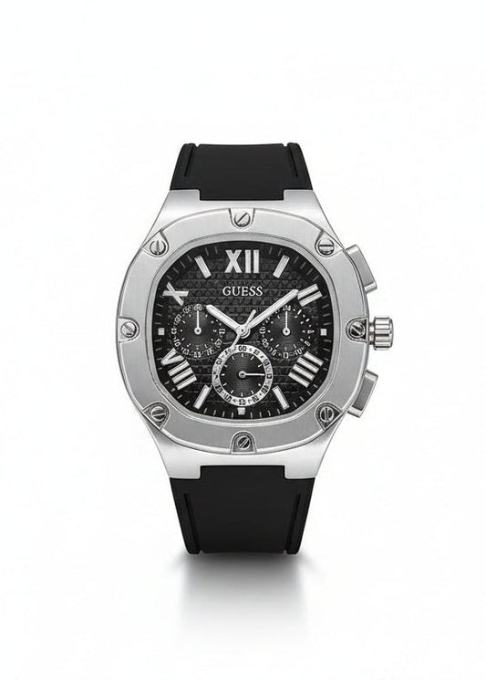 GUESS HEADLINE CHRONOGRAPH MEN'S WATCH – BLACK DIAL, SILVER CASE & BLACK SILICONE STRAP