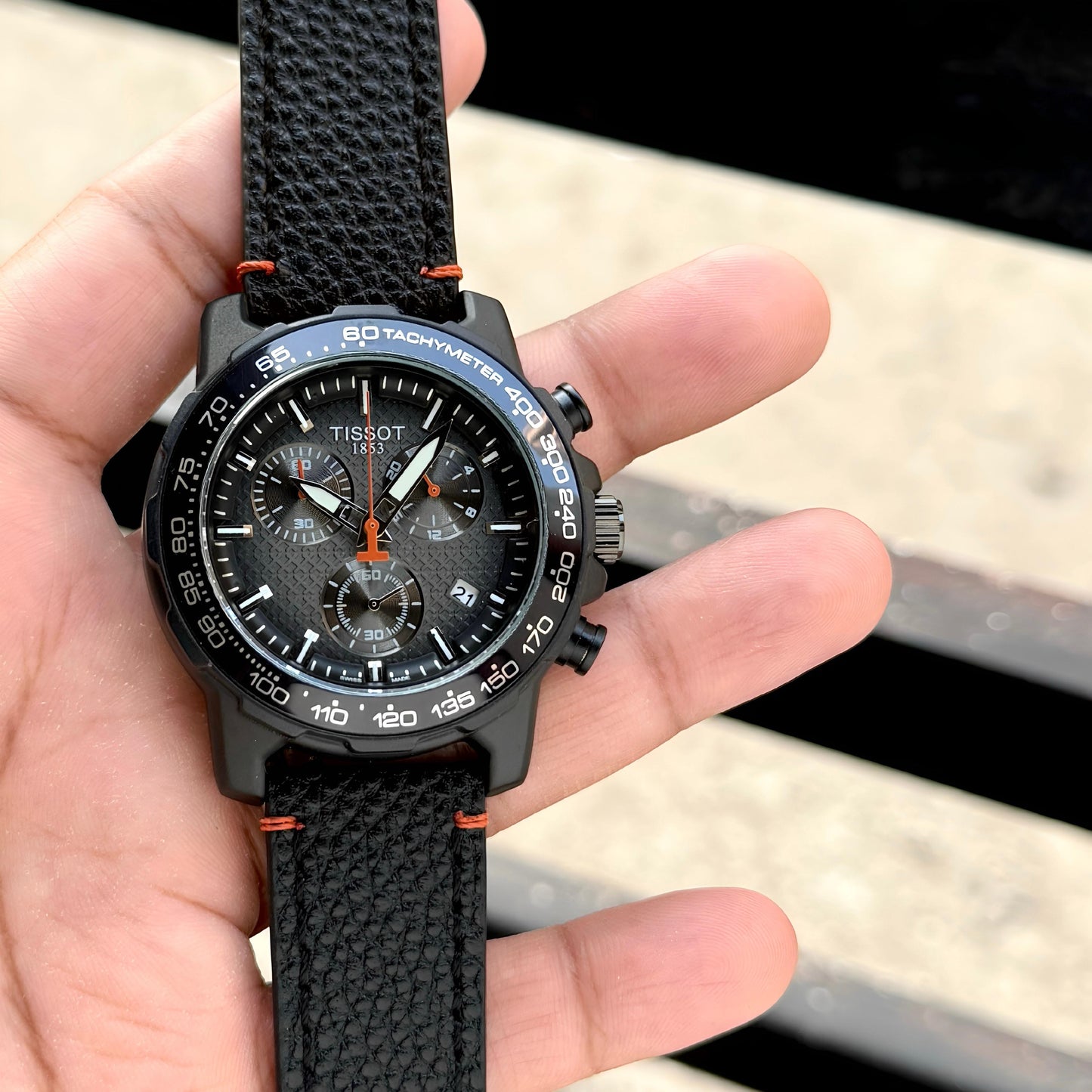 TISSOT SUPERSPORT CHRONO MEN'S WATCH – 45.5MM BLACK DIAL, TACHYMETER BEZEL & LEATHER STRAP