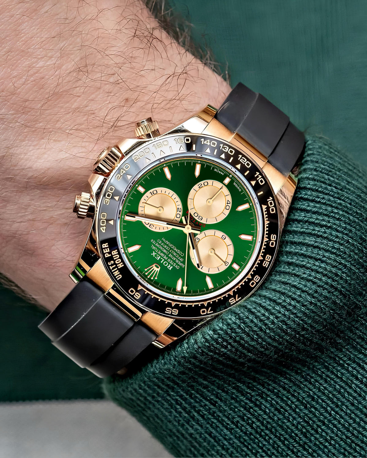ROLEX COSMOGRAPH DAYTONA MEN'S WATCH – GREEN DIAL WITH GOLD CASE & BLACK SILICON STRAP