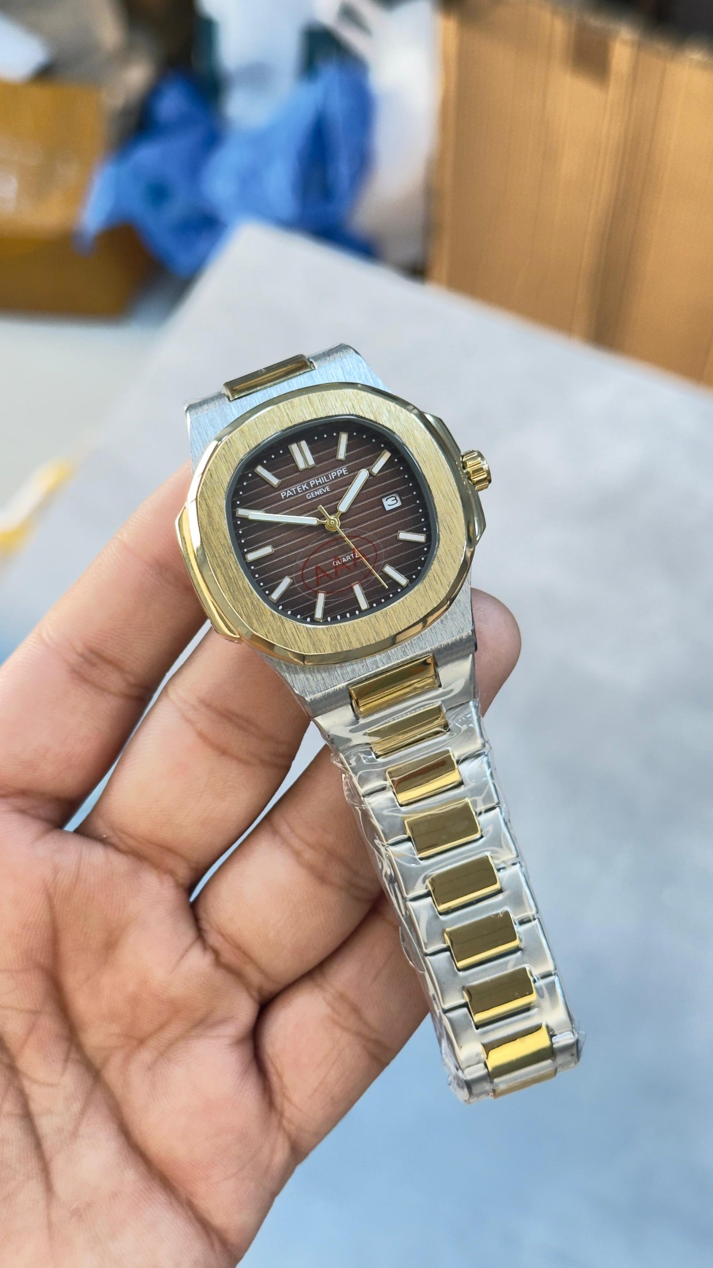 PATEK PHILIPPE NAUTILUS STYLE MEN'S WATCH – BLACK DIAL, TWO-TONE STAINLESS STEEL BRACELET