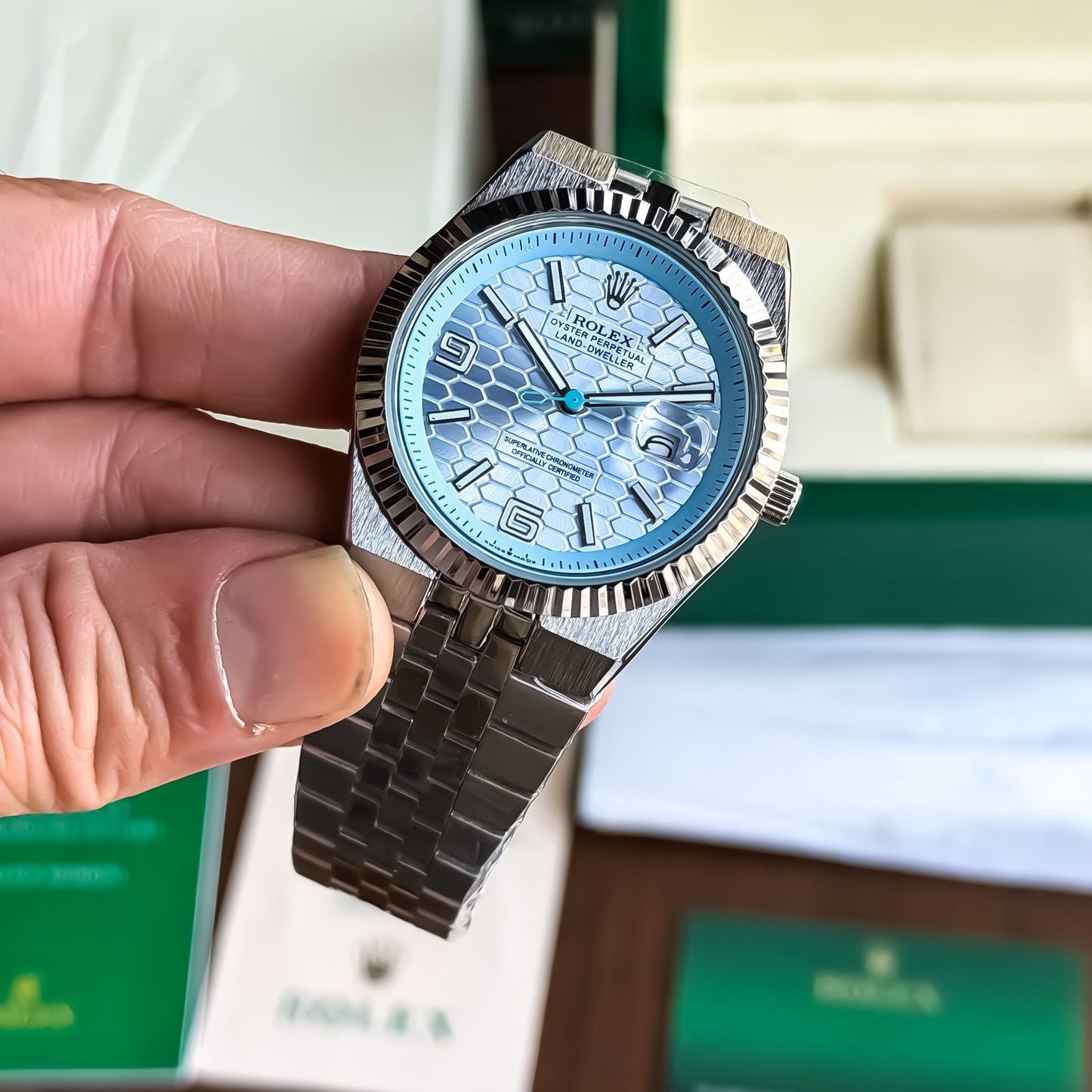 ROLEX LAND DWELLER MEN'S WATCH – SKY BLUE DIAL WITH STAINLESS STEEL BRACELET