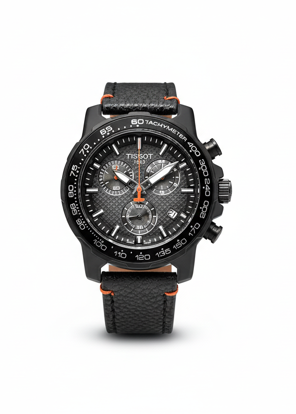 TISSOT SUPERSPORT CHRONO MEN'S WATCH – 45.5MM BLACK DIAL, TACHYMETER BEZEL & LEATHER STRAP