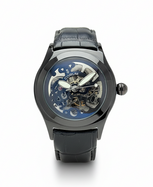 CORUM MEN'S AUTOMATIC TOURBILLON STYLE WATCH – SKELETON DIAL WITH BLACK LEATHER STRAP