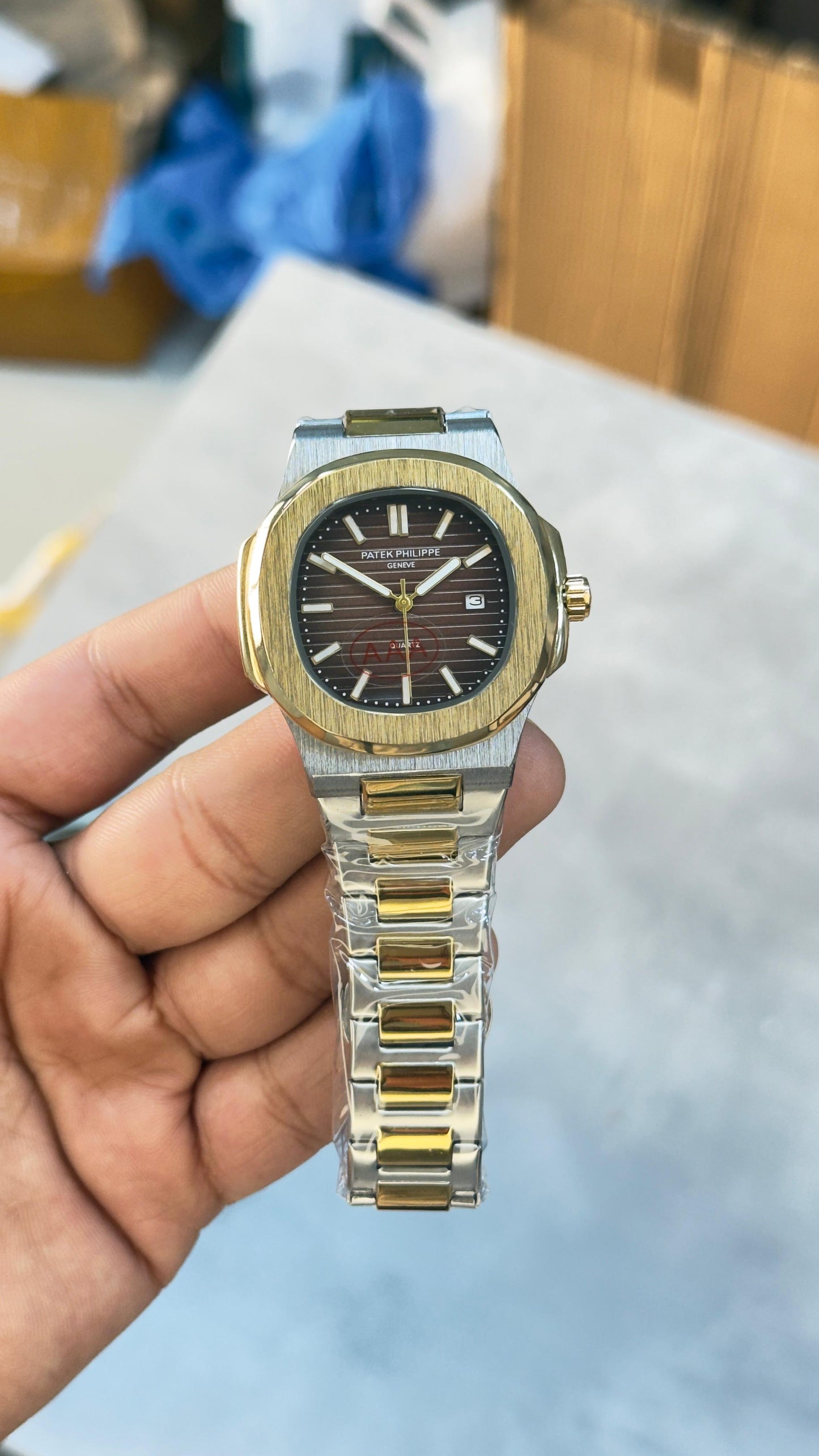 PATEK PHILIPPE NAUTILUS STYLE MEN'S WATCH – BLACK DIAL, TWO-TONE STAINLESS STEEL BRACELET