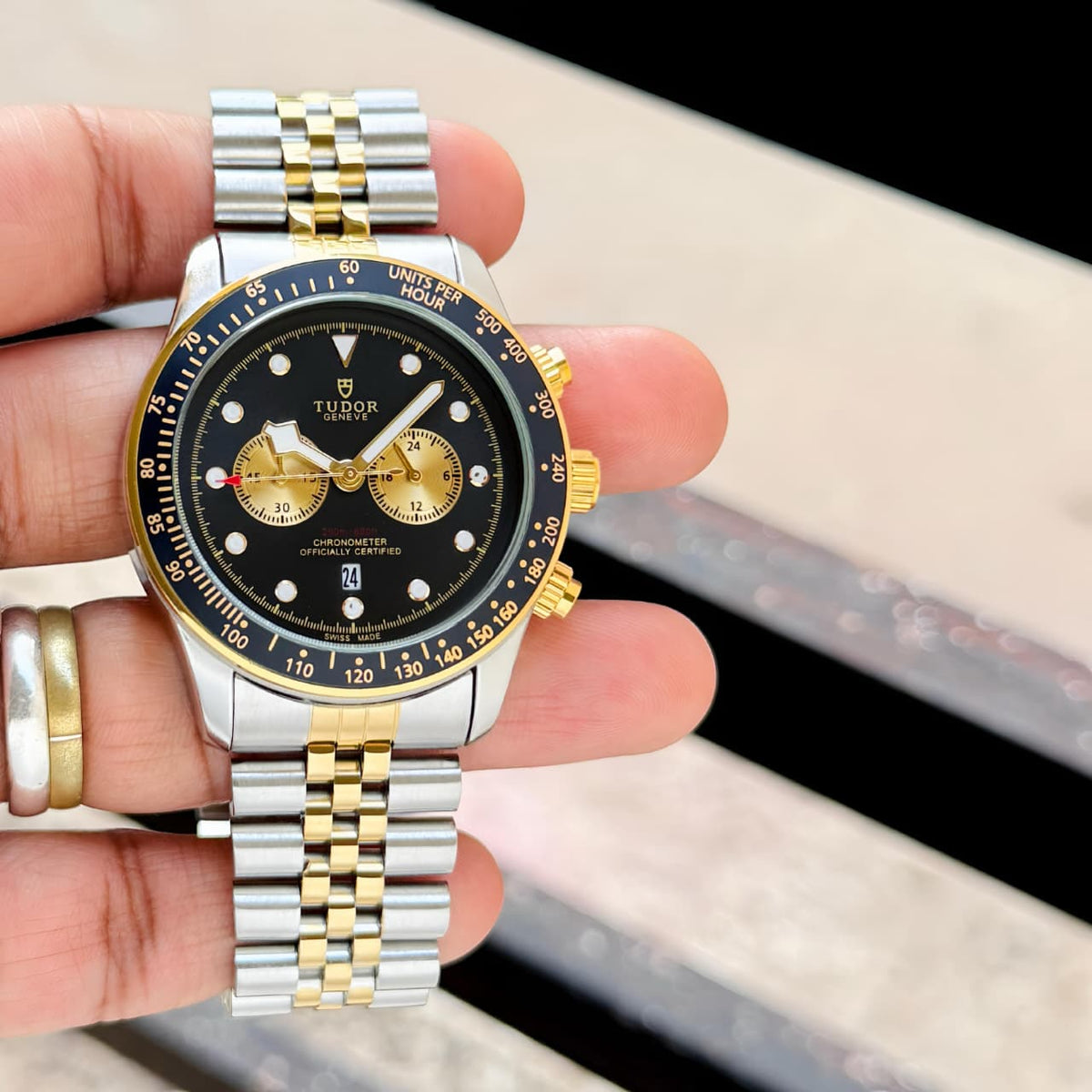 TUDOR BLACK BAY CHRONO MEN'S WATCH – 42MM BLACK DIAL, DUAL TONE STAINLESS STEEL BRACELET