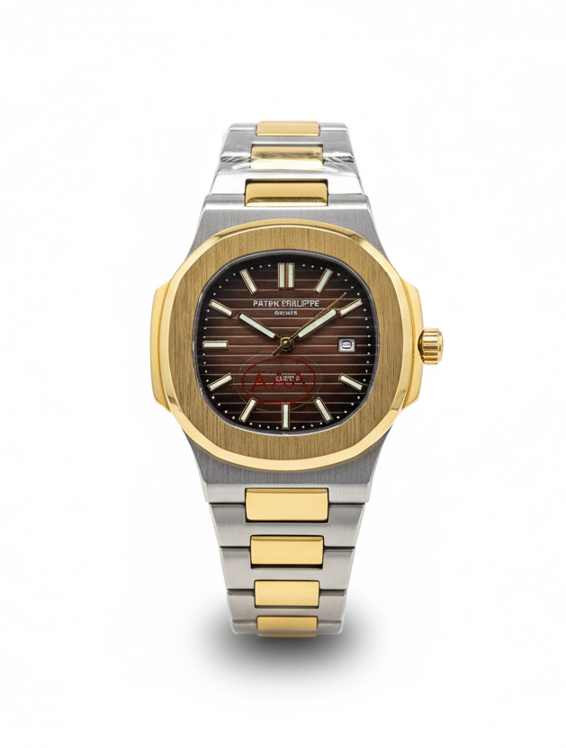 PATEK PHILIPPE NAUTILUS STYLE MEN'S WATCH – BLACK DIAL, TWO-TONE STAINLESS STEEL BRACELET