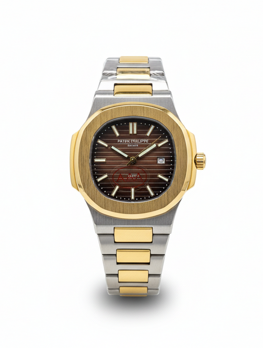 PATEK PHILIPPE NAUTILUS STYLE MEN'S WATCH – BLACK DIAL, TWO-TONE STAINLESS STEEL BRACELET