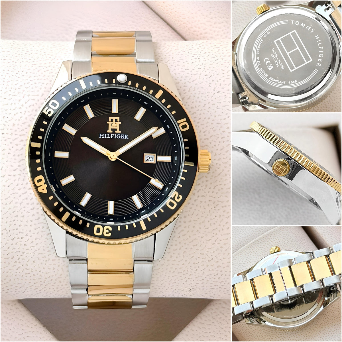 TOMMY HILFIGER MEN’S TWO-TONE STAINLESS STEEL DIVER WATCH (BLACK DIAL)