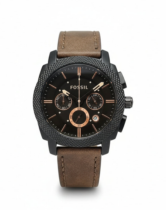 FOSSIL FS4656 MEN'S CHRONOGRAPH WATCH – BLACK MATTE DIAL WITH BROWN LEATHER STRAP