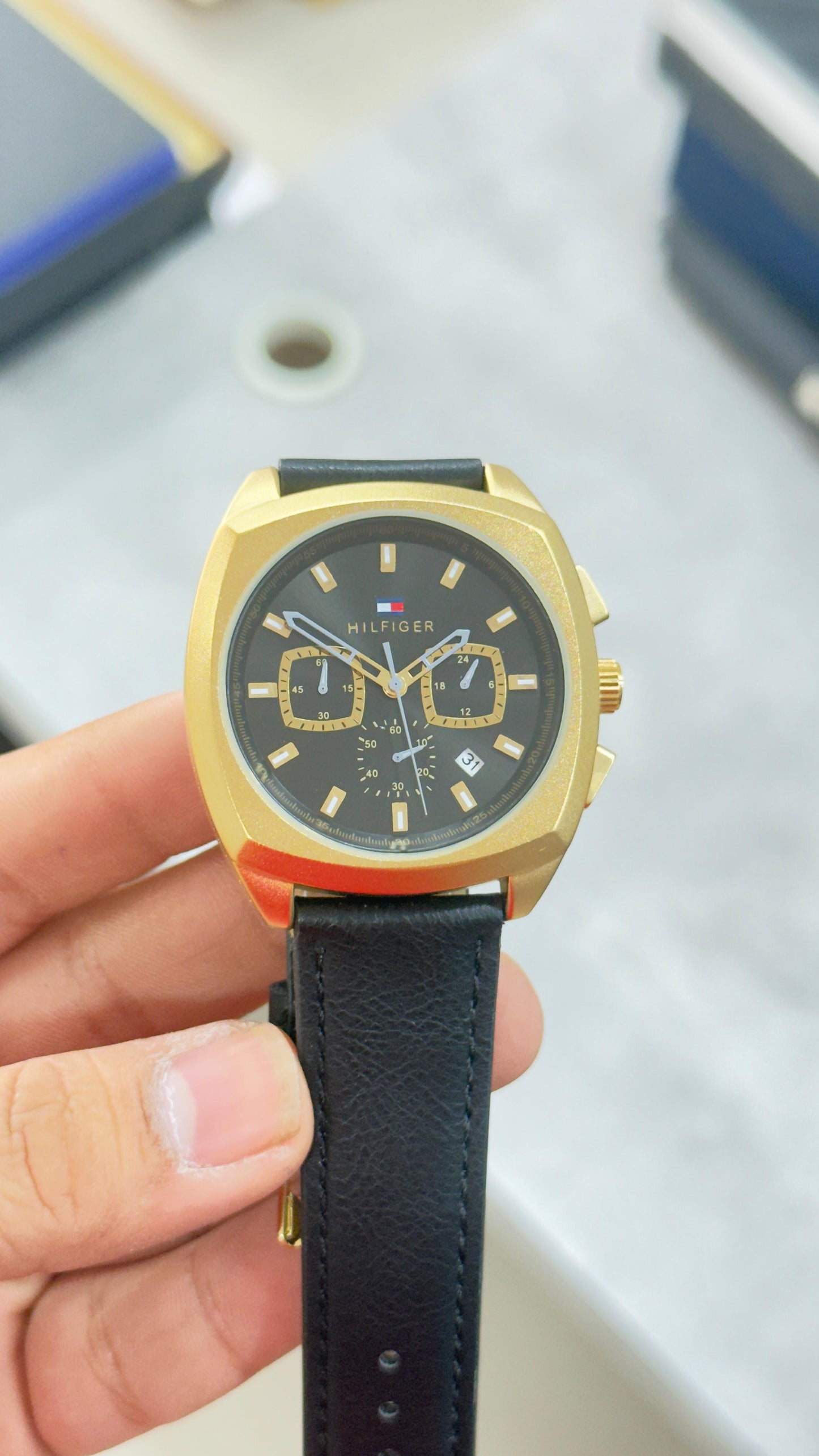 TOMMY HILFIGER MODERN DECKER MEN'S CHRONOGRAPH WATCH – BLACK MULTIFUNCTION DIAL WITH GOLD CASE & LEATHER STRAP