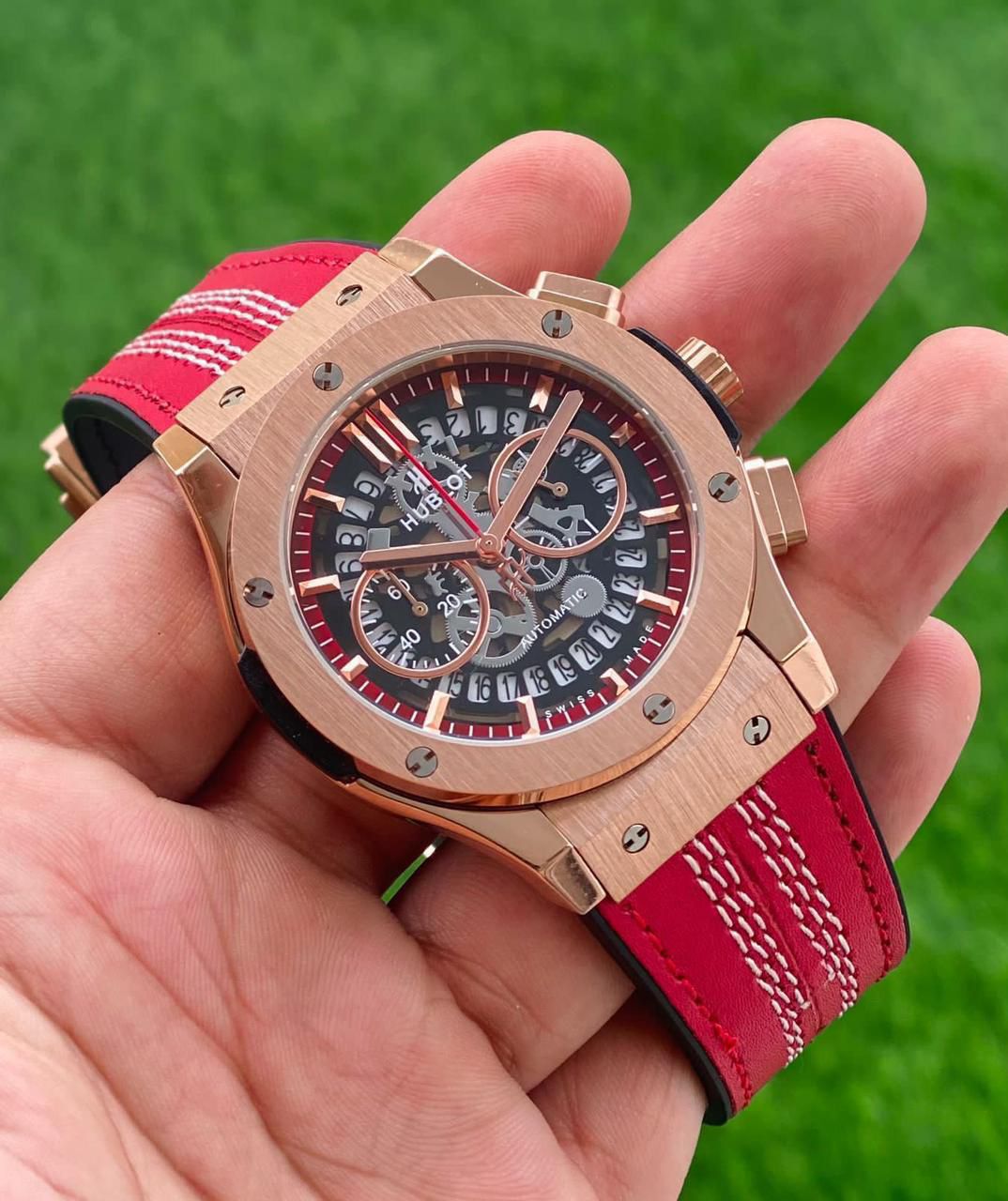 HUBLOT BIG BANG MEN'S CHRONOGRAPH WATCH – SKELETON DIAL, COPPER CASE & RED LEATHER STRAP