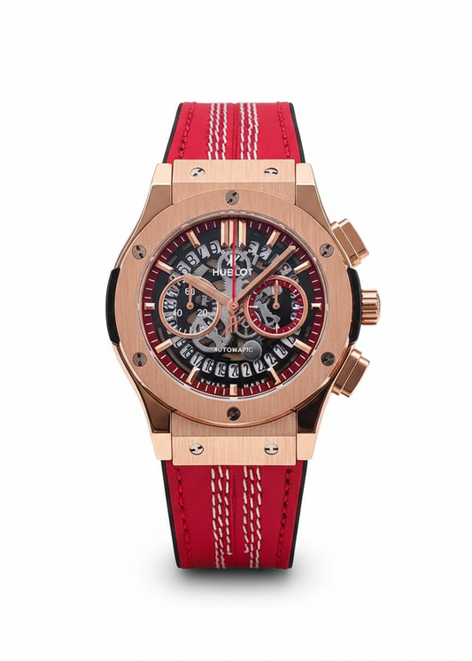 HUBLOT BIG BANG MEN'S CHRONOGRAPH WATCH – SKELETON DIAL, COPPER CASE & RED LEATHER STRAP
