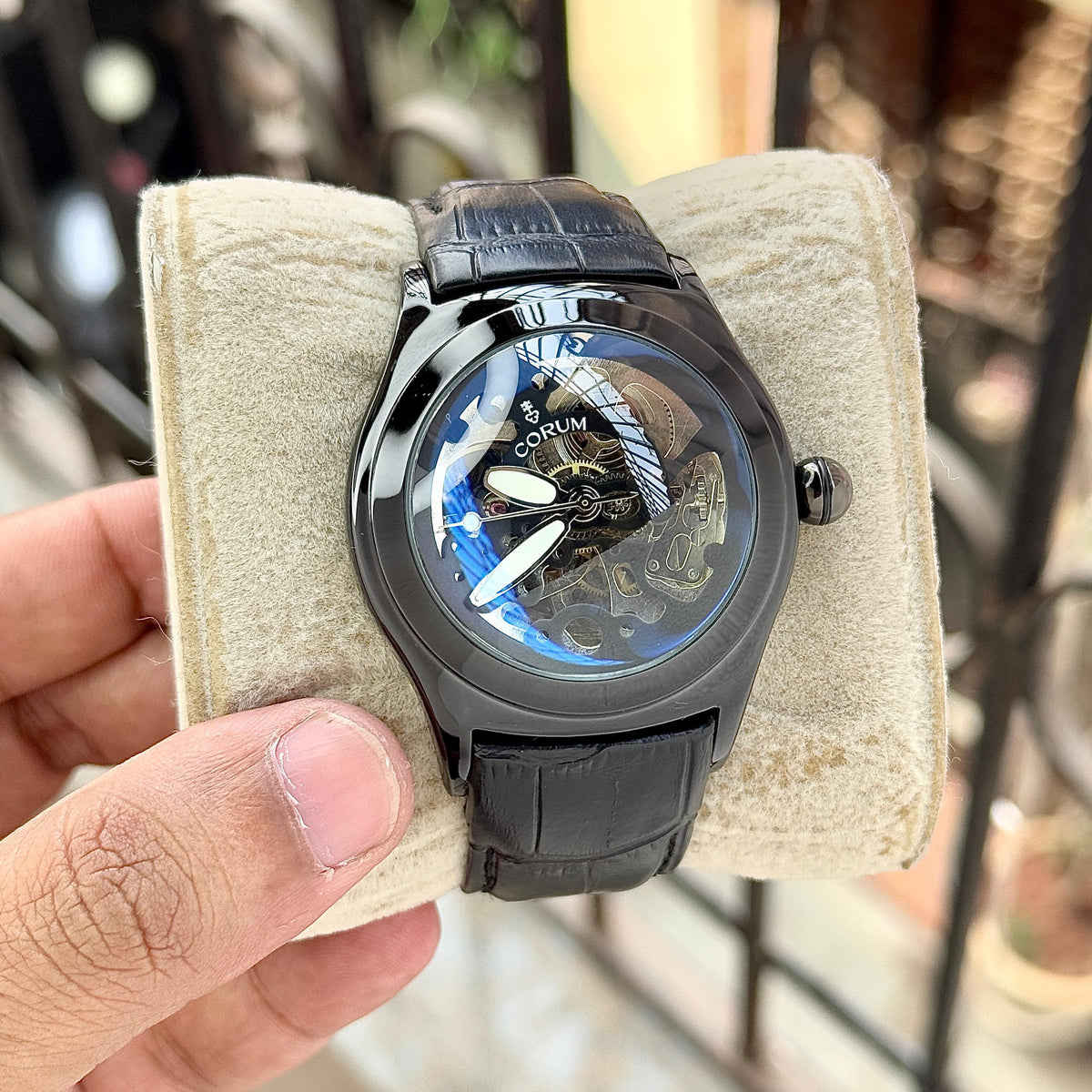 CORUM MEN'S AUTOMATIC TOURBILLON STYLE WATCH – SKELETON DIAL WITH BLACK LEATHER STRAP