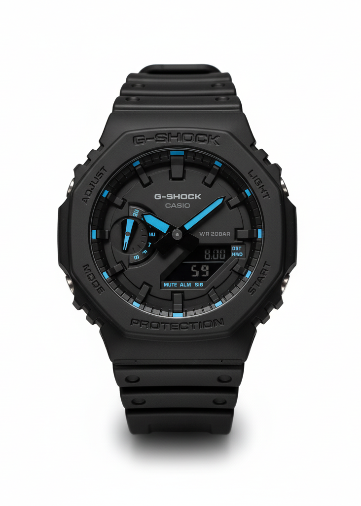 G-SHOCK CASIO OAK GA-2100-1A2ER UNISEX WATCH – BLACK NEON BLUE ANALOG-DIGITAL RESIN STRAP