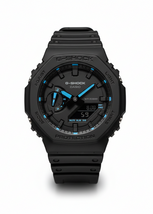 G-SHOCK CASIO OAK GA-2100-1A2ER UNISEX WATCH – BLACK NEON BLUE ANALOG-DIGITAL RESIN STRAP
