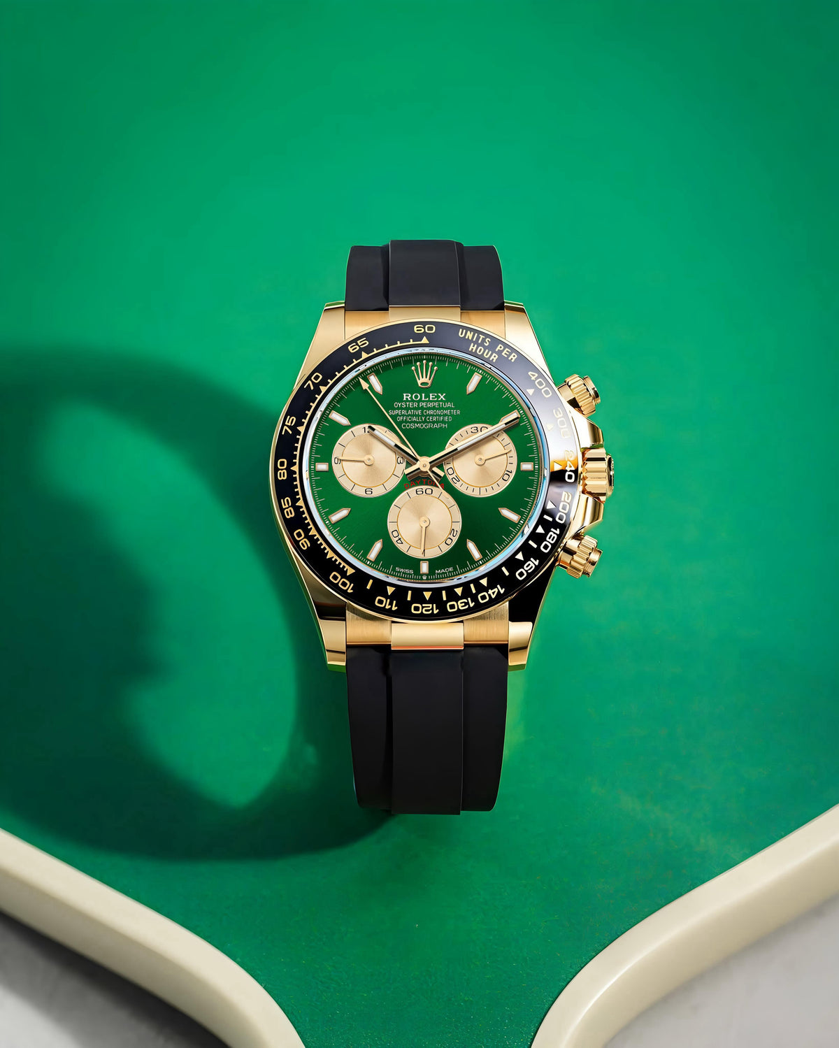 ROLEX COSMOGRAPH DAYTONA MEN'S WATCH – GREEN DIAL WITH GOLD CASE & BLACK SILICON STRAP