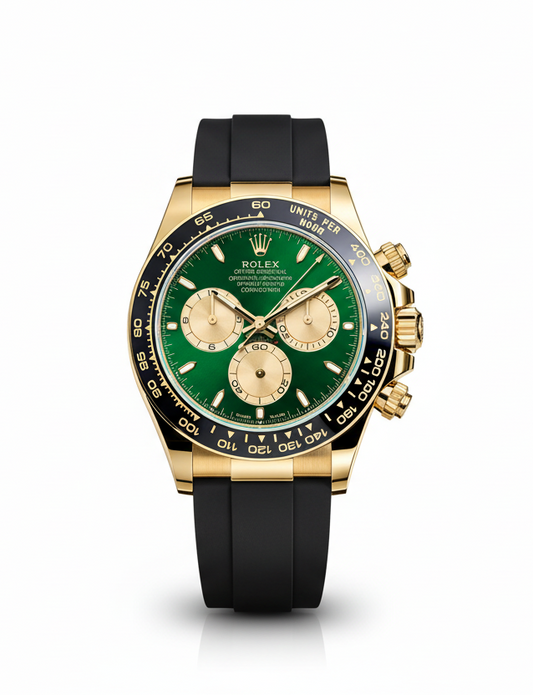 ROLEX COSMOGRAPH DAYTONA MEN'S WATCH – GREEN DIAL WITH GOLD CASE & BLACK SILICON STRAP