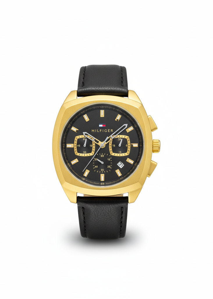 TOMMY HILFIGER MODERN DECKER MEN'S CHRONOGRAPH WATCH – BLACK MULTIFUNCTION DIAL WITH GOLD CASE & LEATHER STRAP