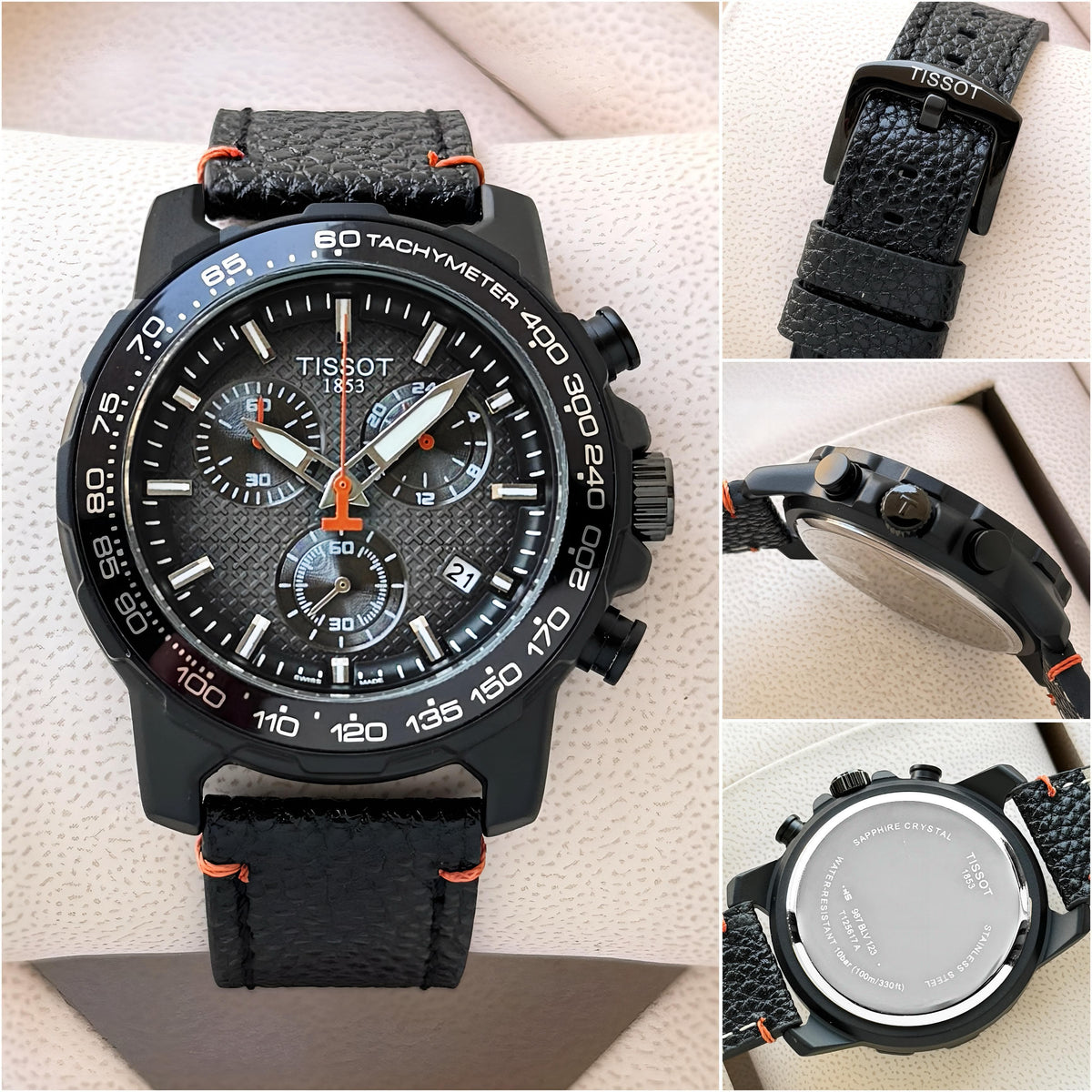 TISSOT SUPERSPORT CHRONO MEN'S WATCH – 45.5MM BLACK DIAL, TACHYMETER BEZEL & LEATHER STRAP